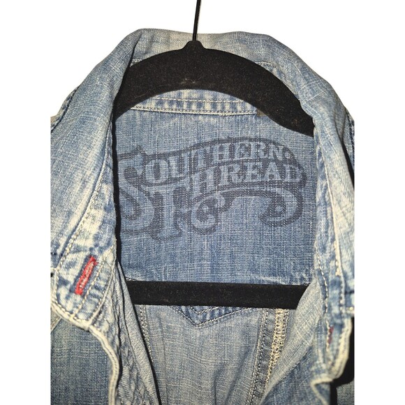 Southern Thread Pearl Snap Western Zip Up Back Long Sleeve Roll Tab Shirt Med - Picture 2 of 7